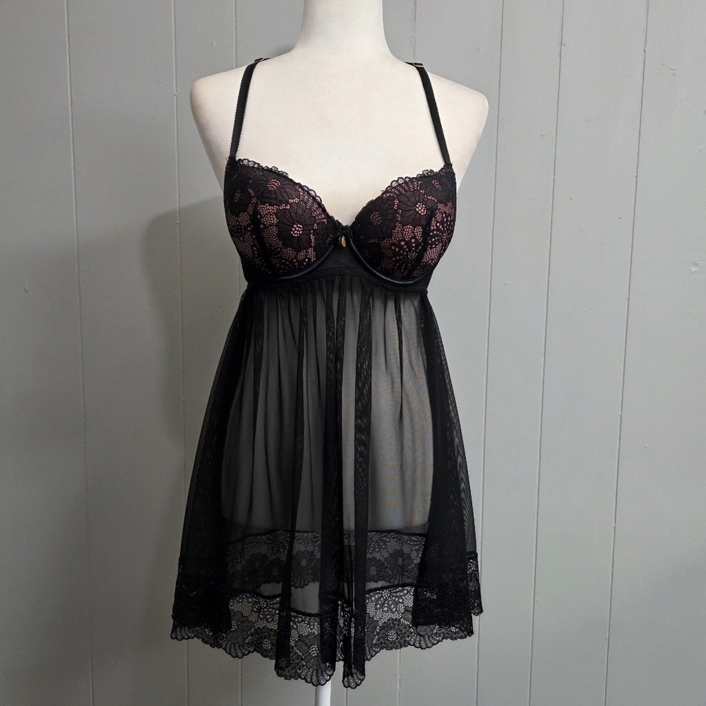 Daisy Fuentes Baby Doll Black Lace/Mesh Lengerie Goth Grunge Boho Sexy Size M